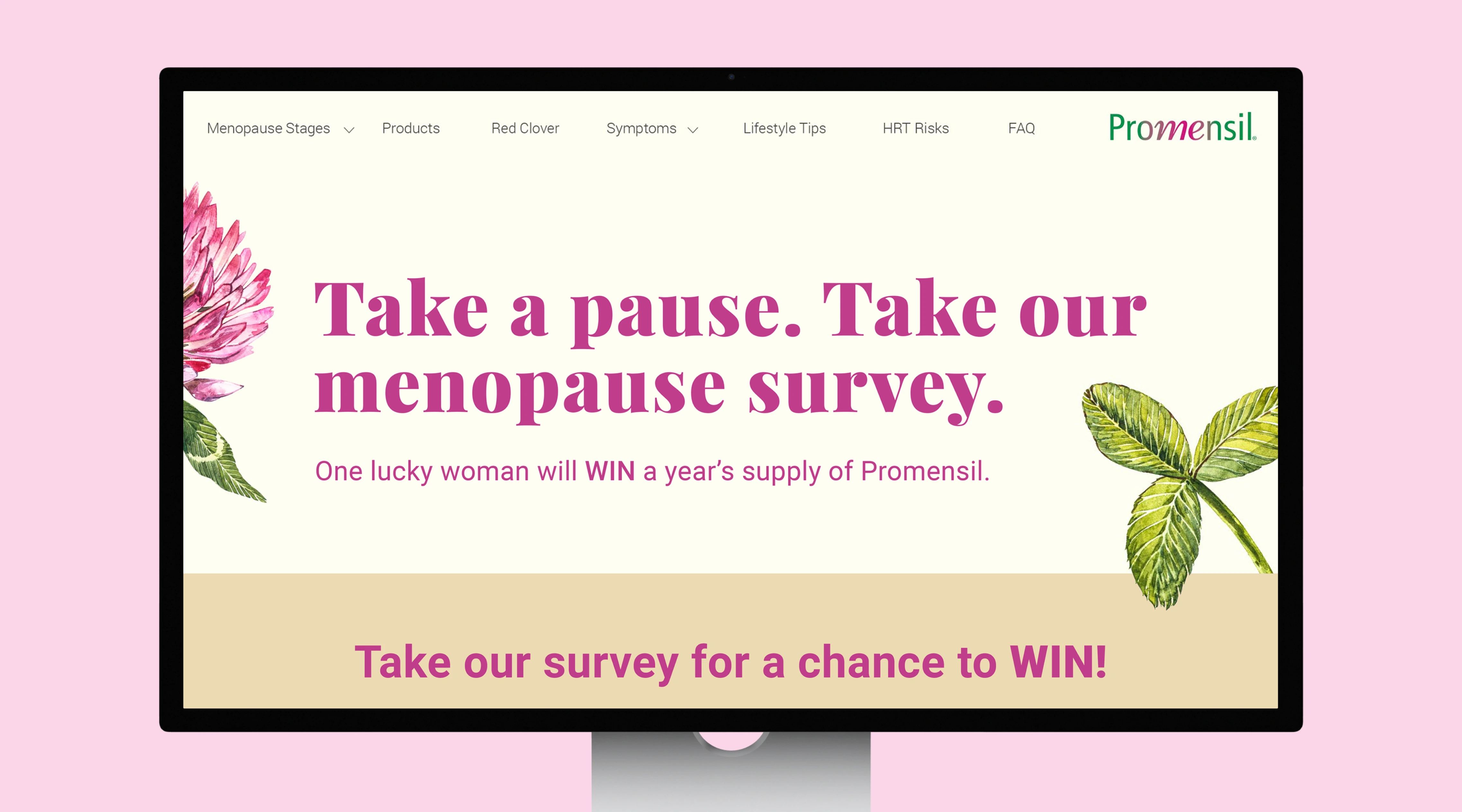 Promensil menopause survey landing page shown on a desktop monitor against a pink background