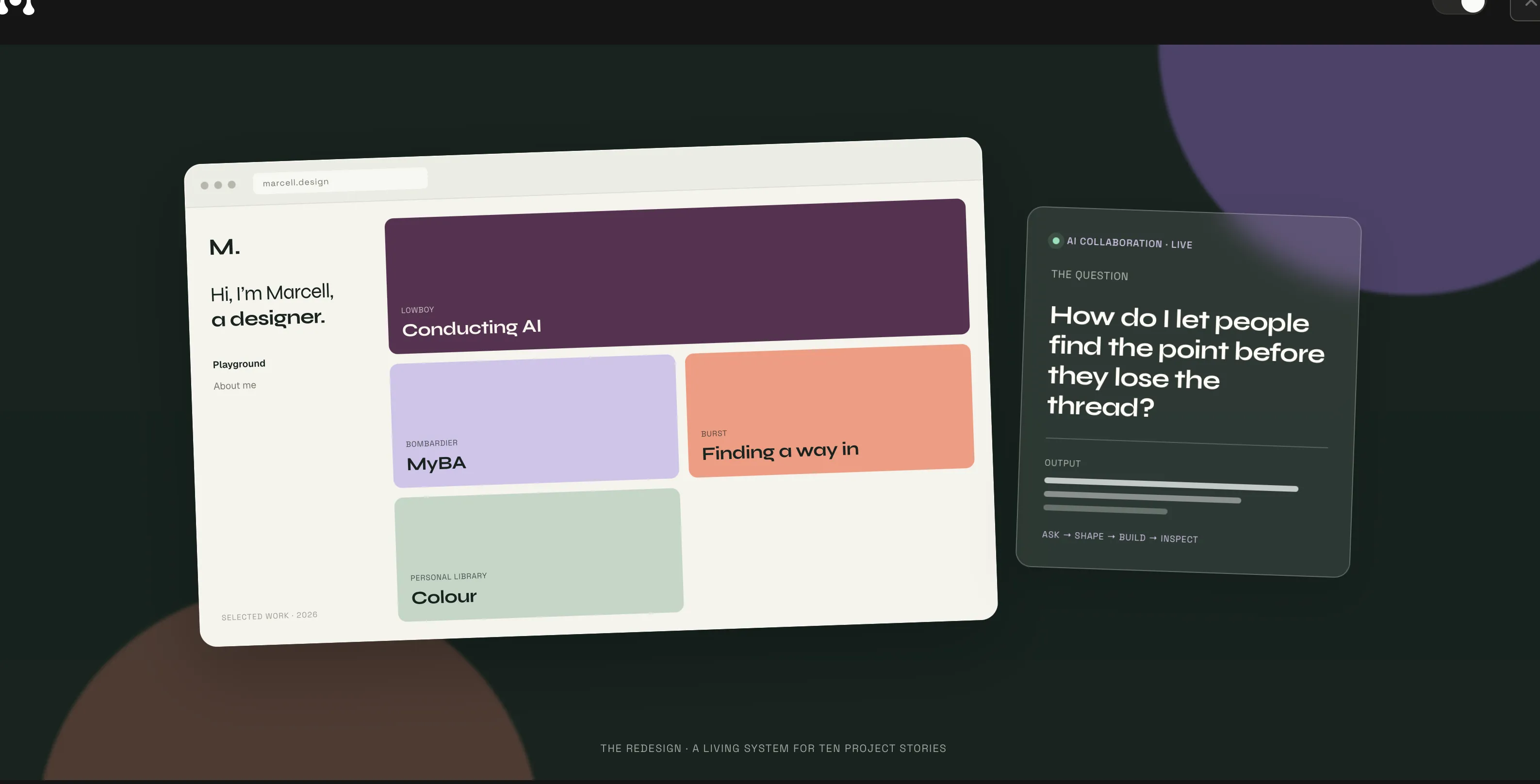 Portfolio redesign case study hero showing the portfolio interface and an AI collaboration prompt