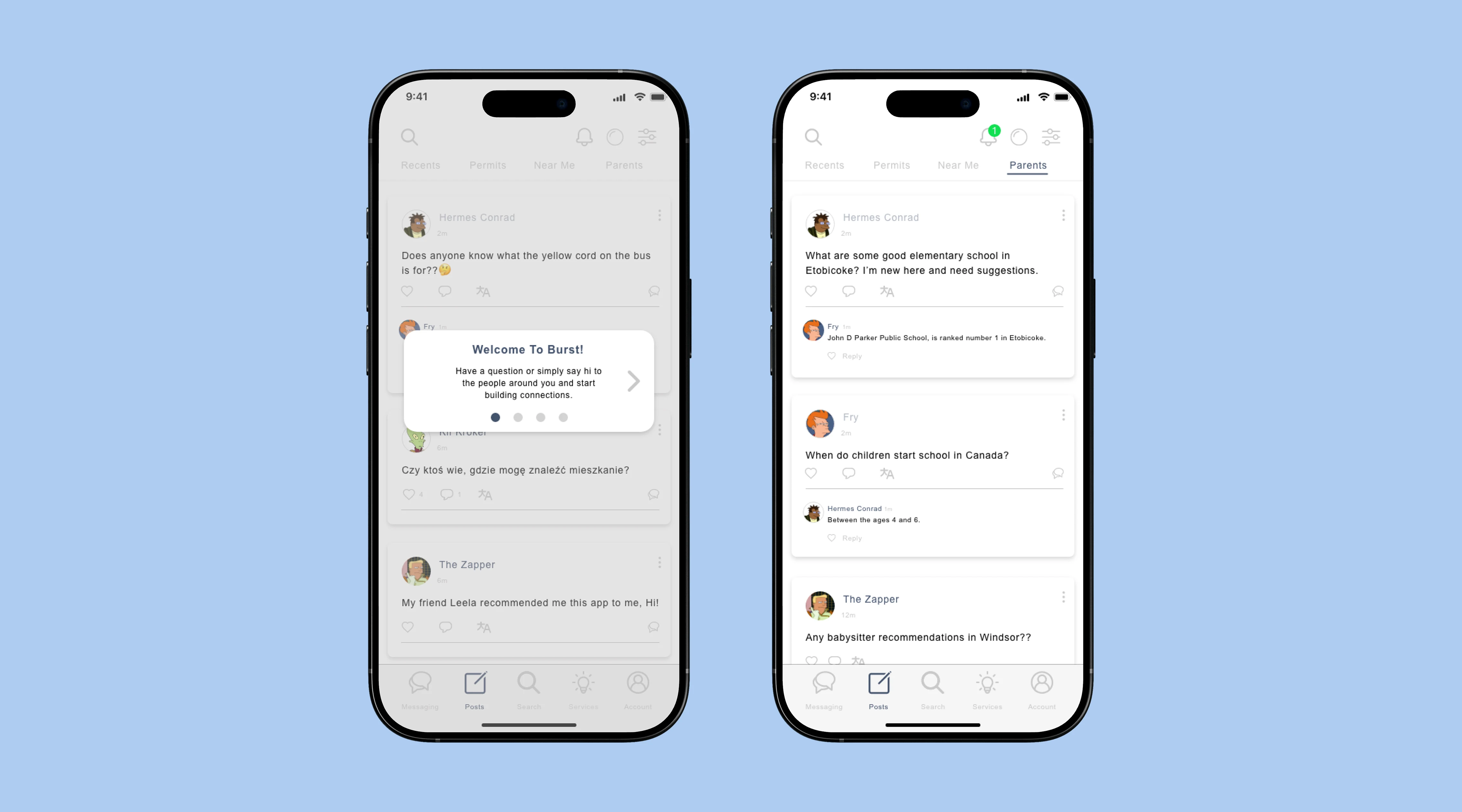 Burst community platform shown across two mobile phones