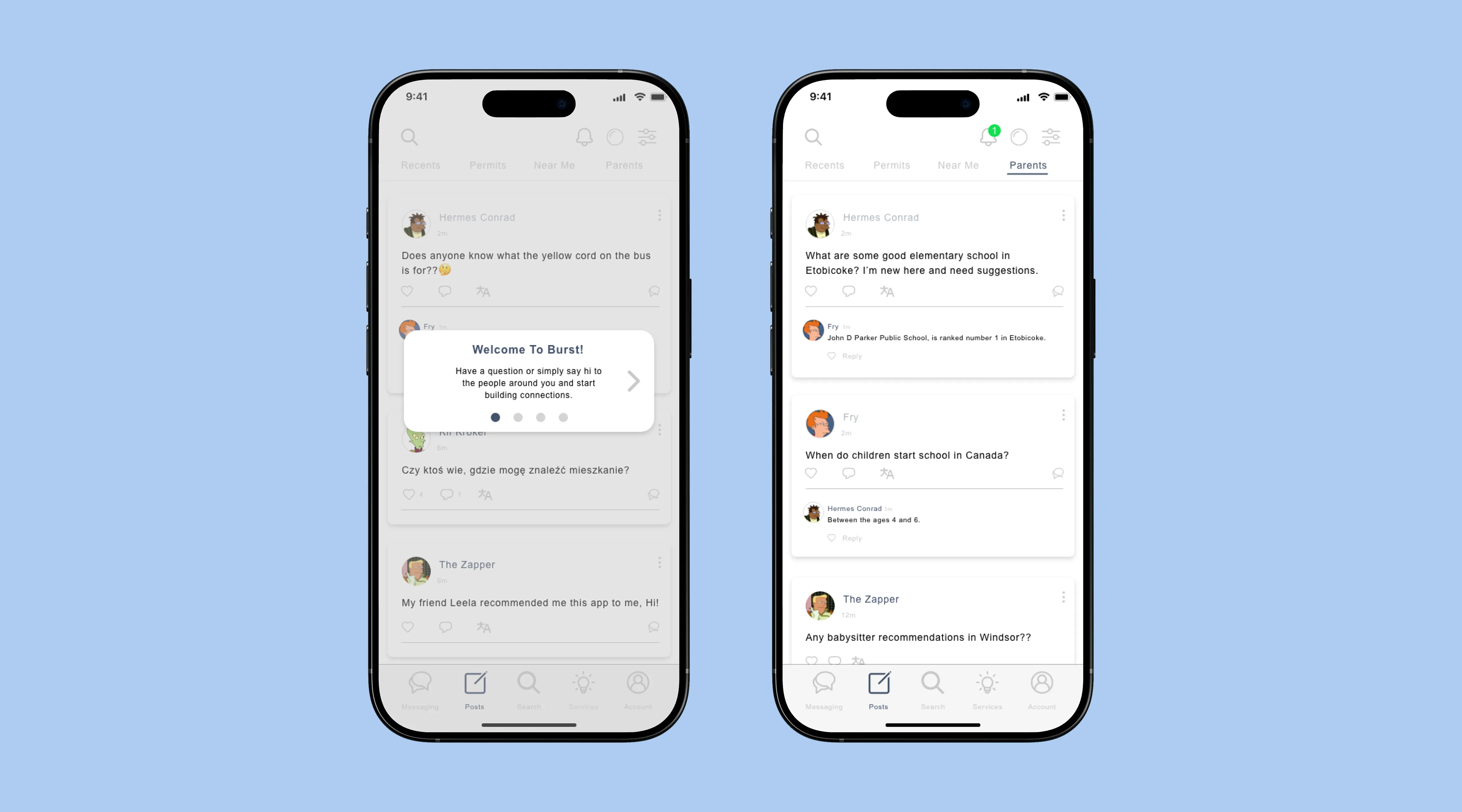 Burst community platform shown across two mobile phones
