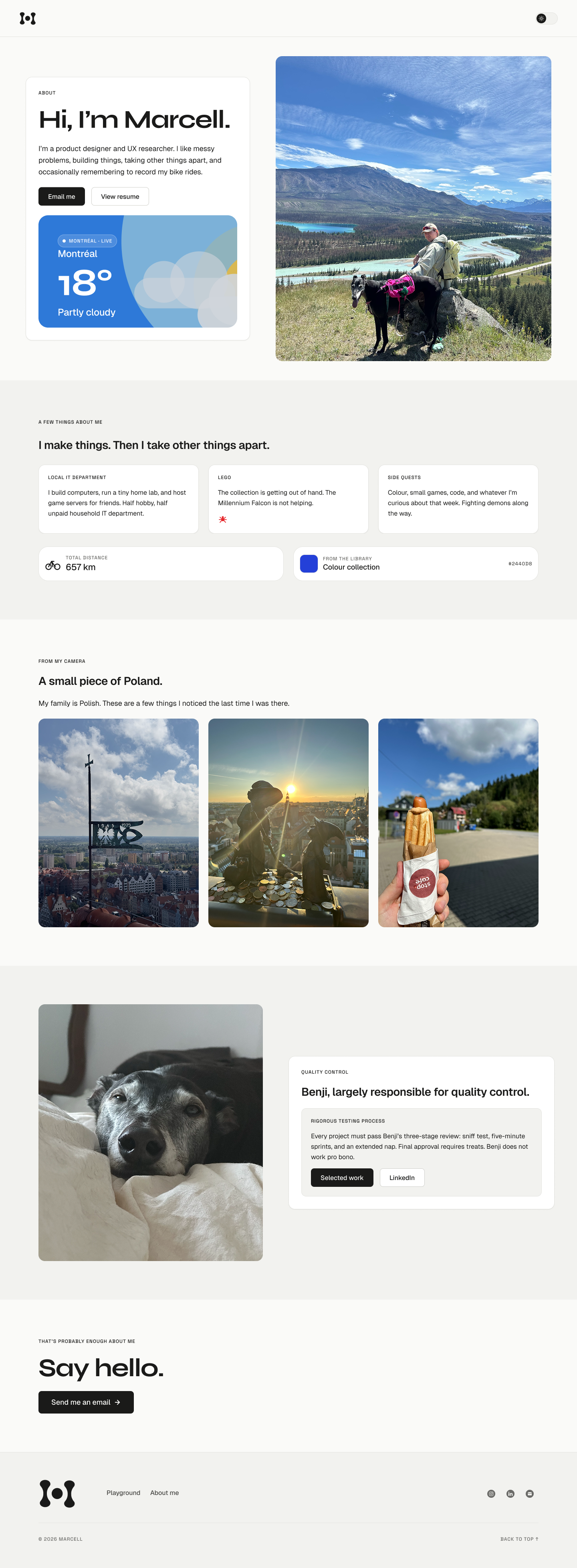 About page showing personal introduction, photography and cards