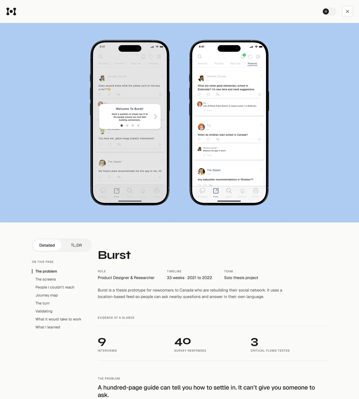 Burst case study using a pale blue hero and product screenshots within the shared portfolio system