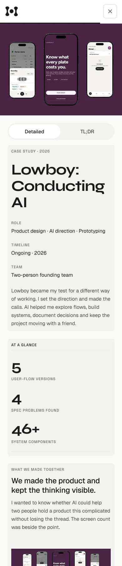Mobile Lowboy case study showing the responsive hero, reading-depth control and content hierarchy